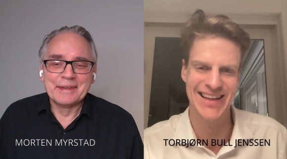 Torbjørn Bull Jensen, Arcario/K33 (t.h.) ble torsdag morgen intervjuet av Morten Myrstad i Kaupr om betydningen av at Bitcoin spotbaserte ETF-er nå kommer i salg i USA.